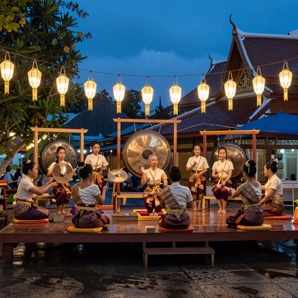 Thai Piphat Ensemble Performing at Phuket Temple Fair in on a festival main stage in Phuket