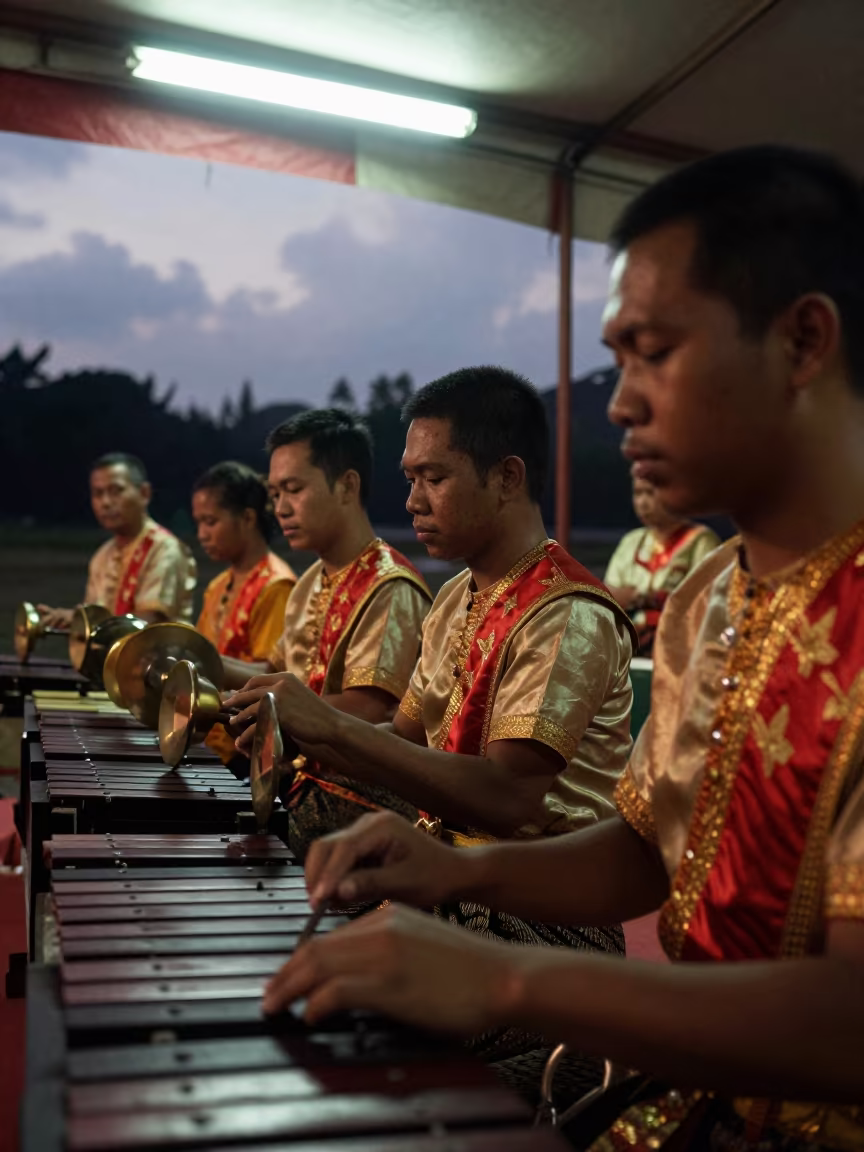 Thai Piphat Musicians Under Fluorescent Tent Light in under a circus tent in Rattanakosin, Bangkok