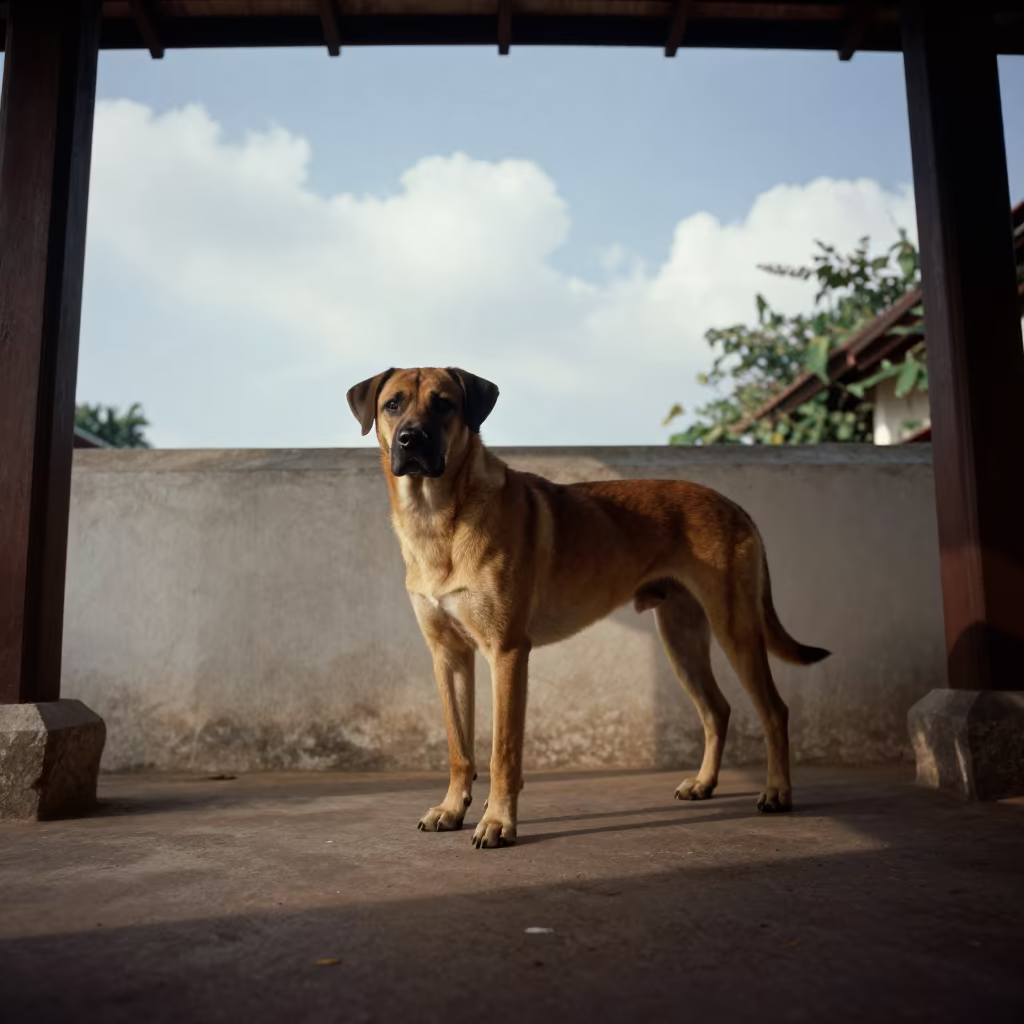 Thai Ridgeback Dog on Shaded Porch at Dawn in beside a plain courtyard wall in clear daylight with the animal at eye level in Chiang Mai