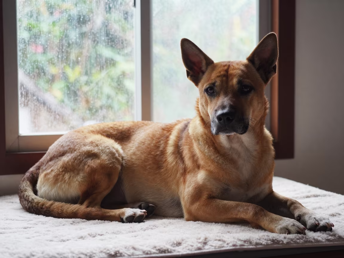 Thai Ridgeback Dog Resting on Bedspread in on a bedspread near a bright window with calm indoor light in Santitham, Chiang Mai