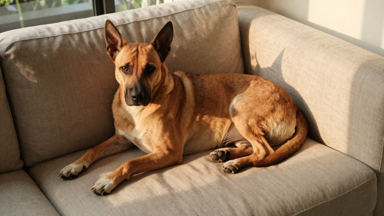 Thai Ridgeback Dog Resting on Linen Sofa in on a linen sofa with daylight from a nearby window in Bangkok