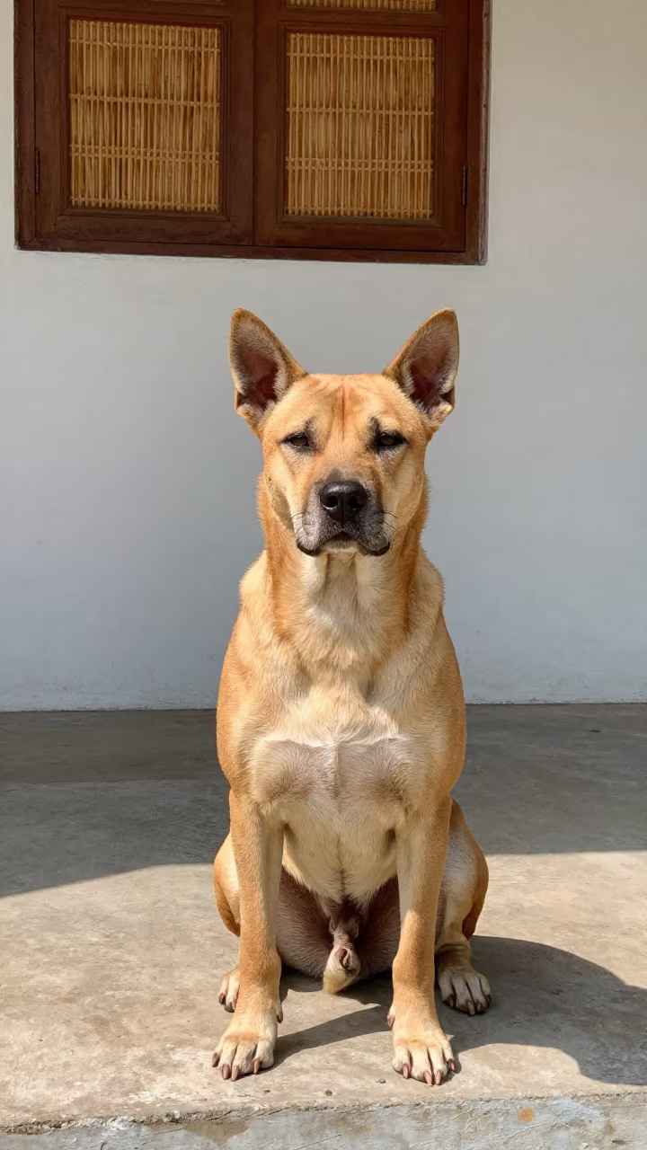 Thai Ridgeback on Bangkok Porch at Midday in beside a plain courtyard wall in clear daylight with the animal at eye level near Rattanakosin, Bangkok