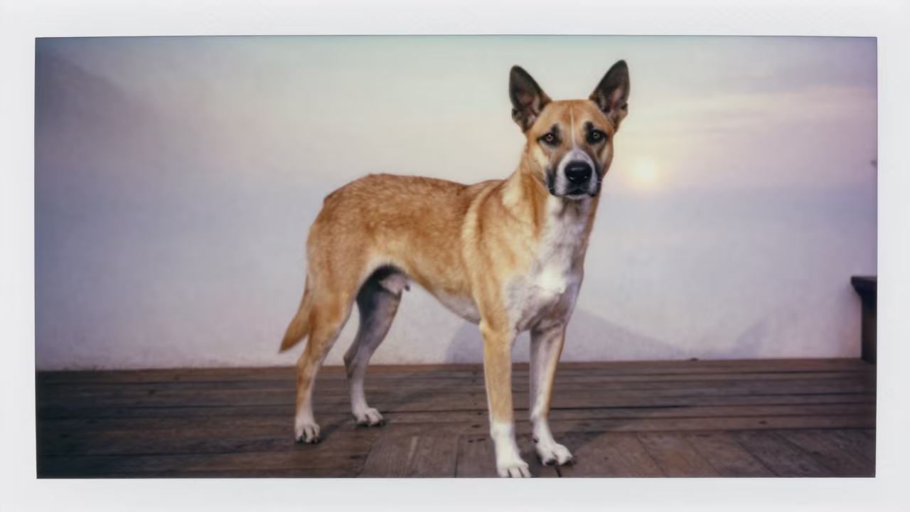 Thai Ridgeback on Chiang Mai Porch in beside a plain courtyard wall in clear daylight with the animal at eye level near Chiang Mai