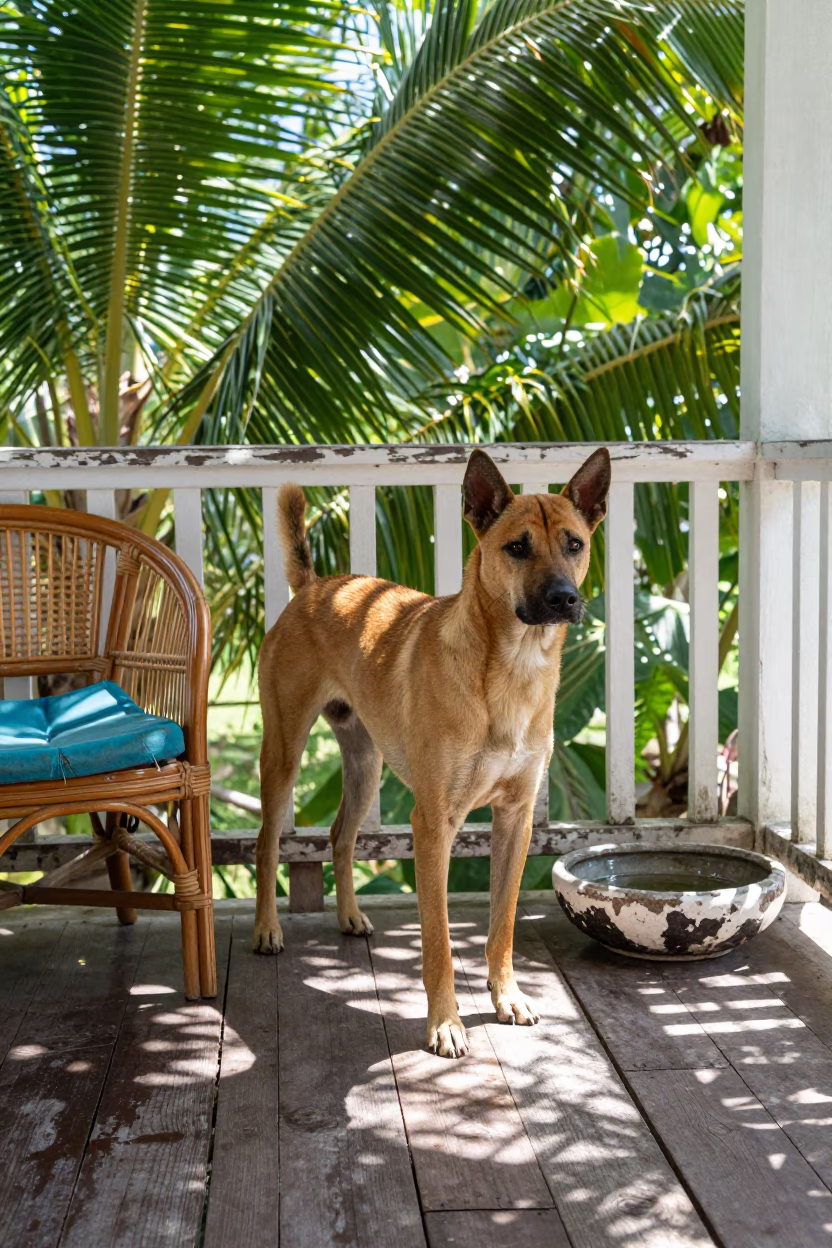 Thai Ridgeback on Shaded Phuket Porch in on a shaded front porch with boards, railings, and eye-level framing in Phuket