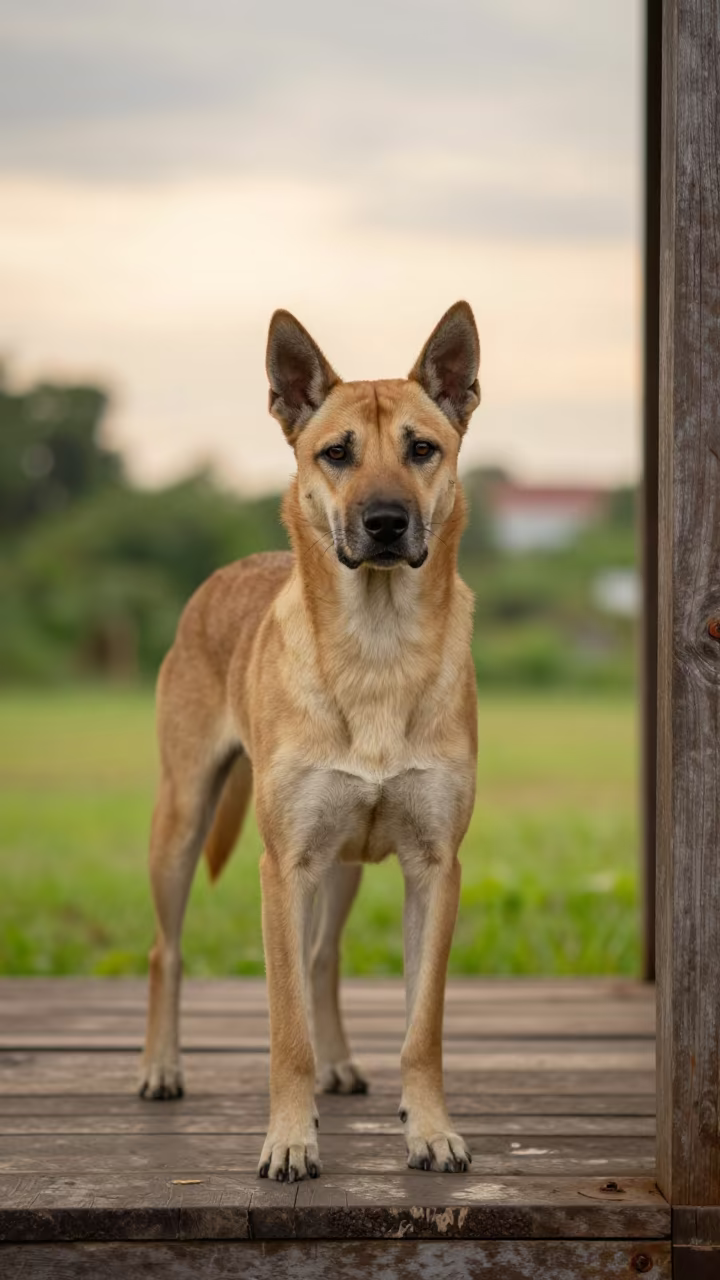 Thai Ridgeback on Shaded Porch in Bangkok Evening in in a small yard with clipped grass, calm light, and the animal centered in frame in Bangkok