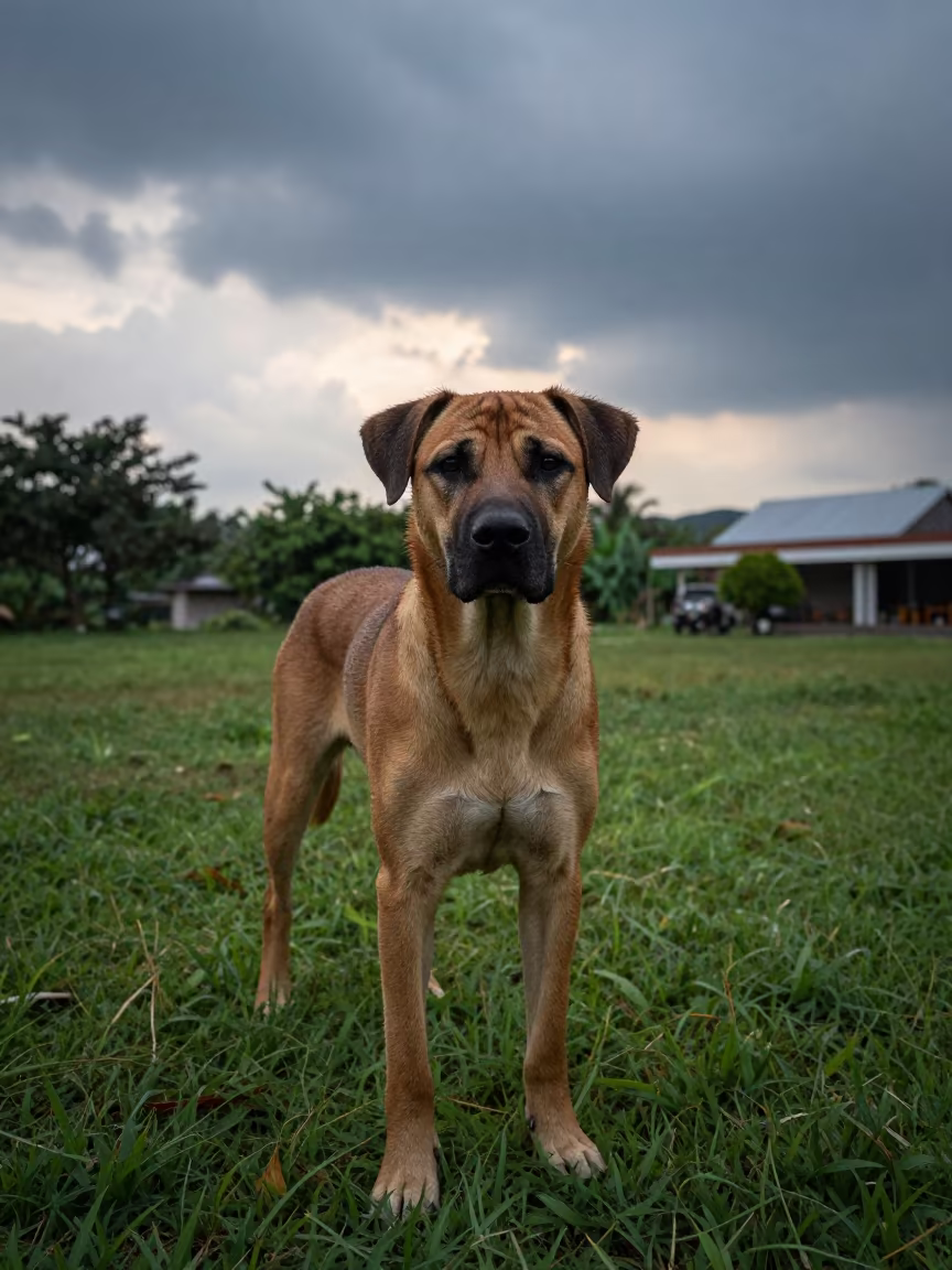 Thai Ridgeback Portrait Before Sunrise in Phuket Yard in in a small yard with clipped grass, calm light, and the animal centered in frame in Phuket