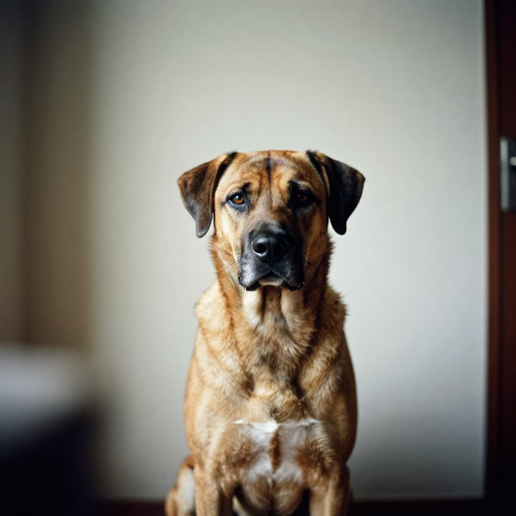 Thai Ridgeback Portrait Beside Plaster Wall in beside a plain plaster wall in soft indoor light with the animal centered in frame in Thonburi, Bangkok