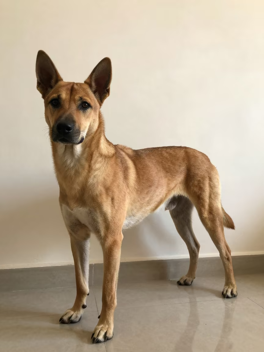 Thai Ridgeback Portrait in Bangkok Room in beside a plain plaster wall in soft indoor light with the animal centered in frame in Bangkok