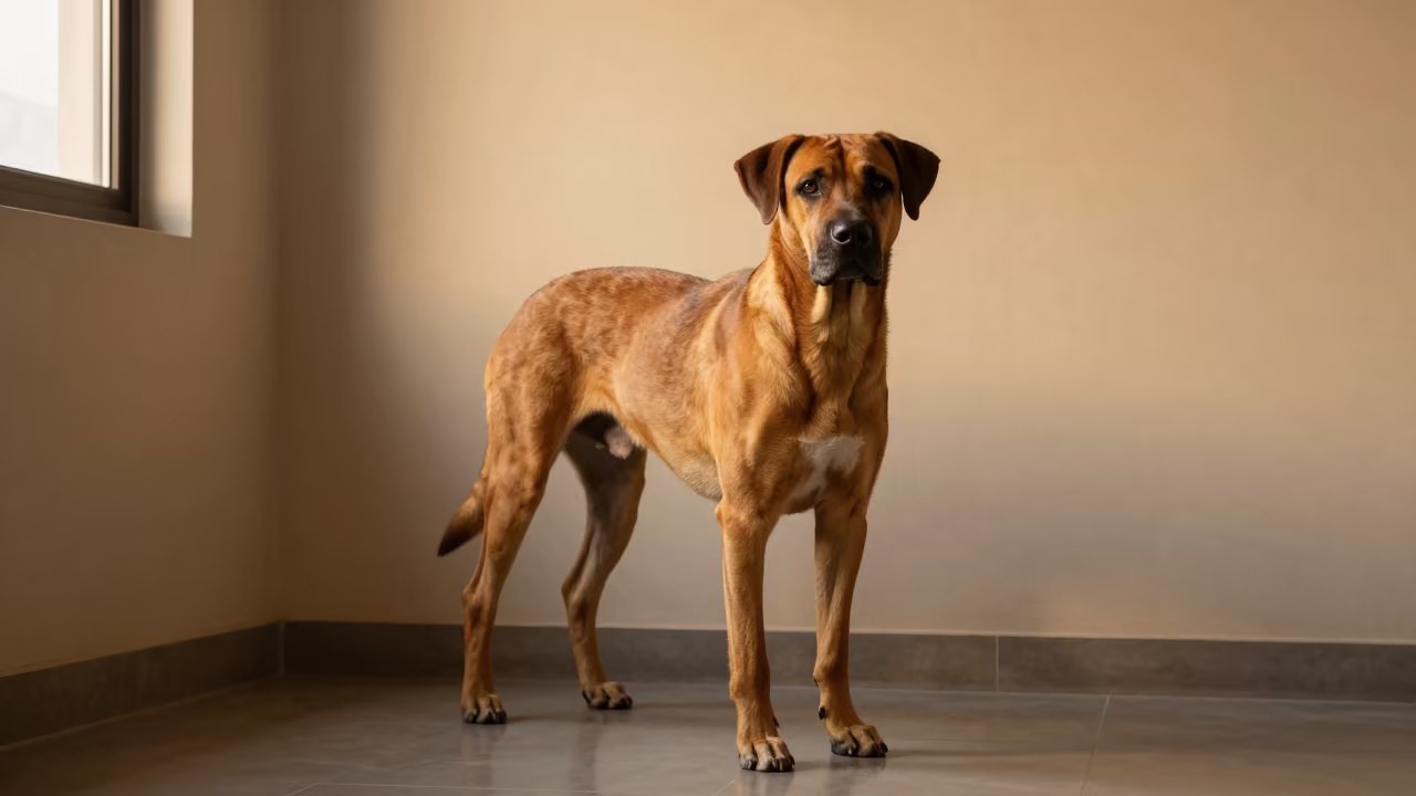 Thai Ridgeback Portrait in Chiang Mai Evening Light in beside a plain plaster wall in soft indoor light with the animal centered in frame in Chiang Mai