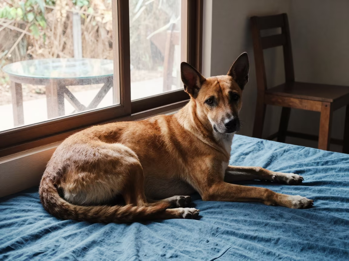 Thai Ridgeback Resting on Bedspread in Chiang Mai in on a bedspread near a bright window with calm indoor light in Chiang Mai