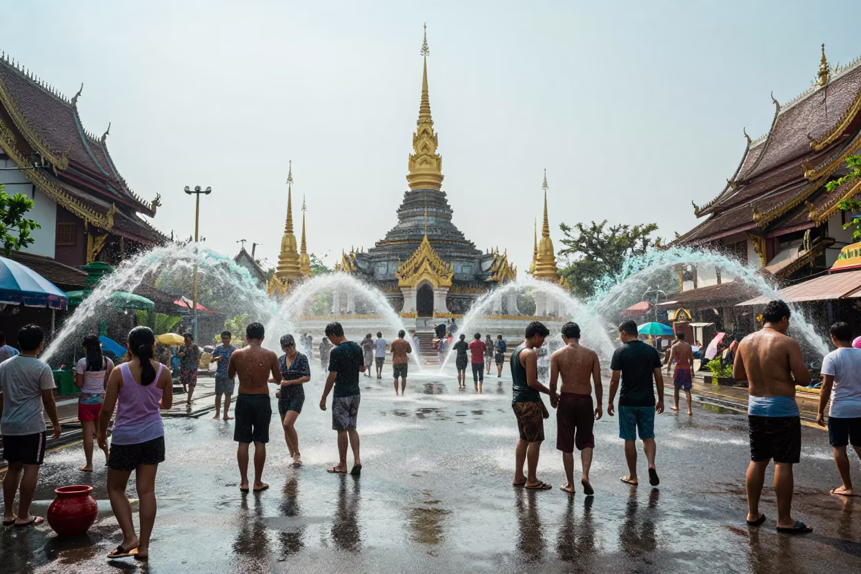 Thai Songkran Water Fight Chiang Mai Street in at a waterfront celebration in Old City, Chiang Mai