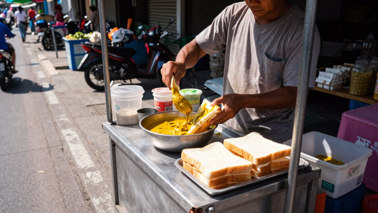 Thai Street Food Vendor Preparing Bunny Chow Curry in Phuket Midmorning Light in in Phuket, Thailand