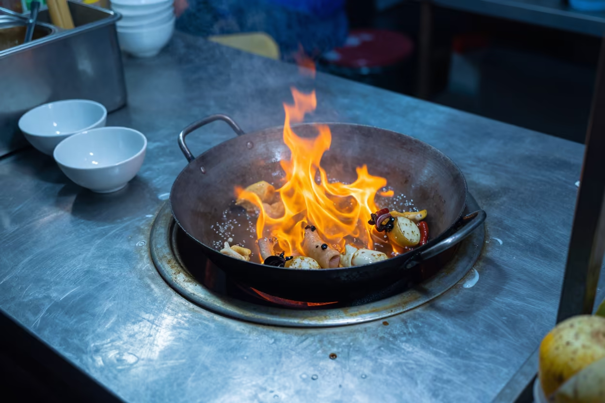 Thai Street Food Wok Flames at Twilight in at a market stall counter in Santitham, Chiang Mai