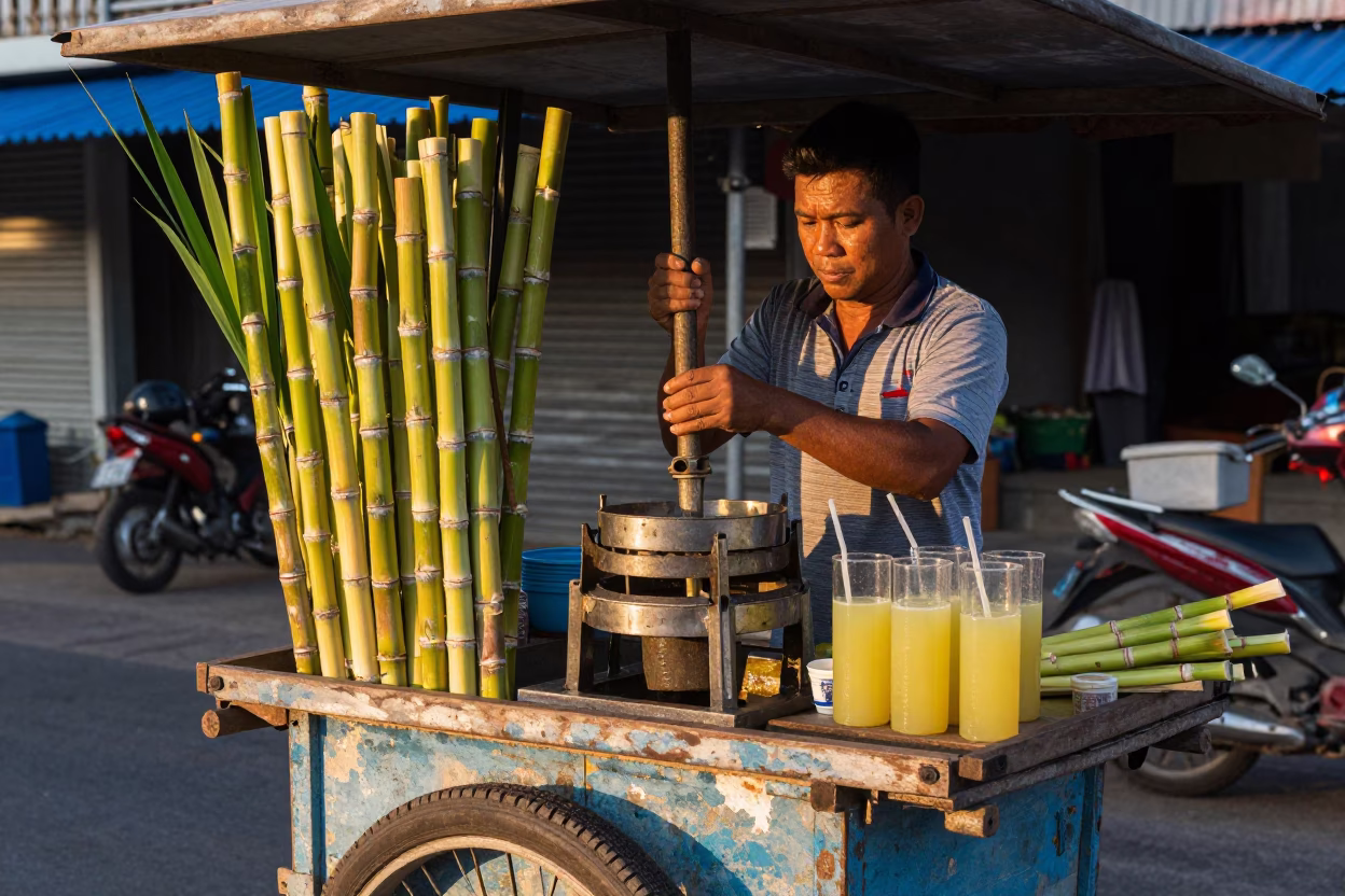 Thai Street Vendor Selling Fresh Sugarcane Juice at Nautical Dawn in Phuket in in Phuket, Thailand