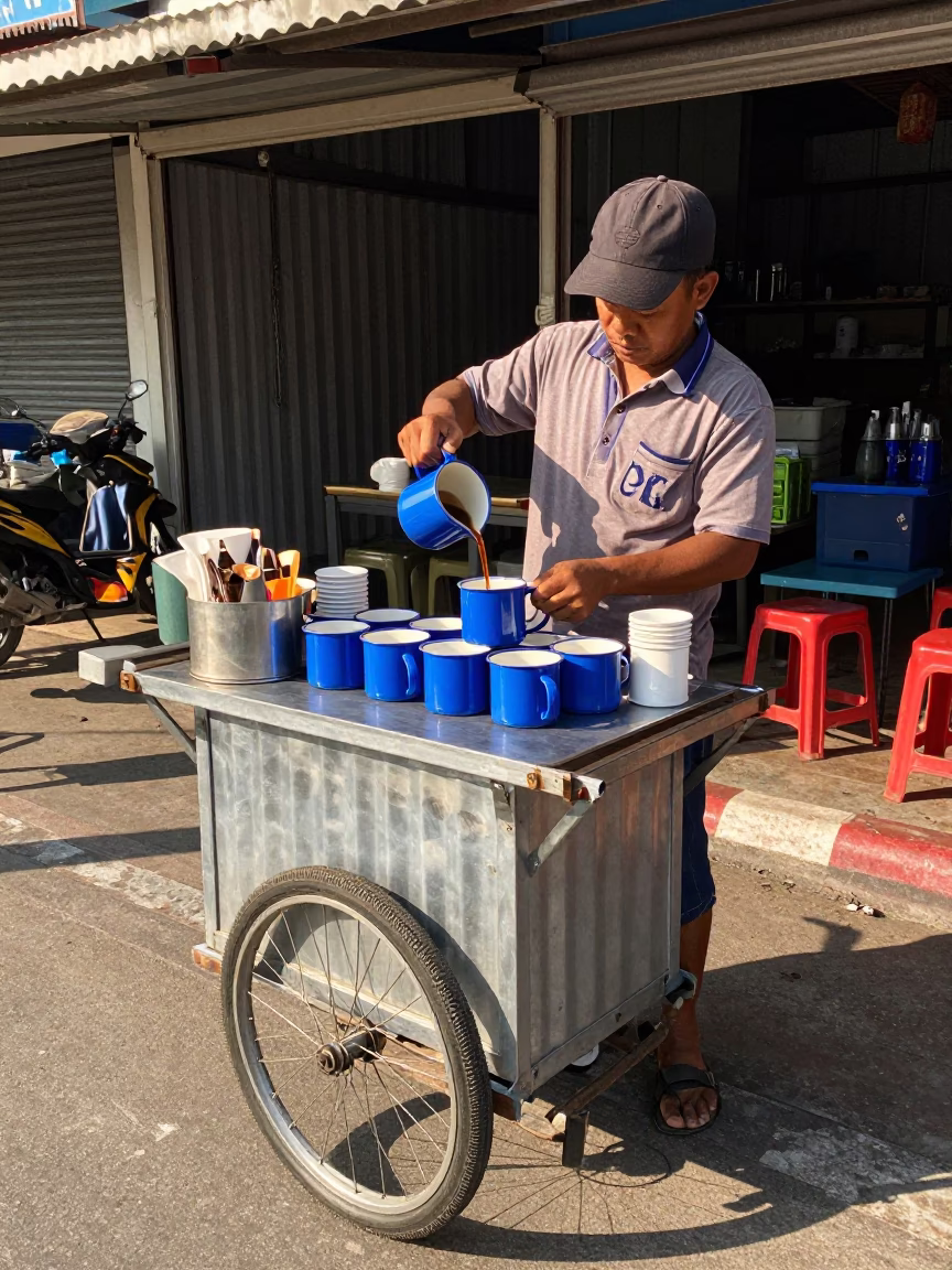 Thai Street Vendor Serving Coffee in Blue Enamel Mugs Outside Phuket Shop in in Phuket, Thailand