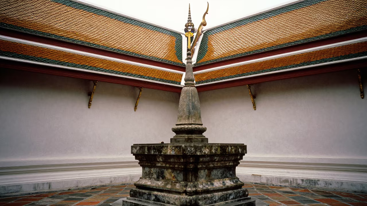Golden Green Thai Temple Roof Tiles Indoor in at the foot of a stone altar in Bangkok