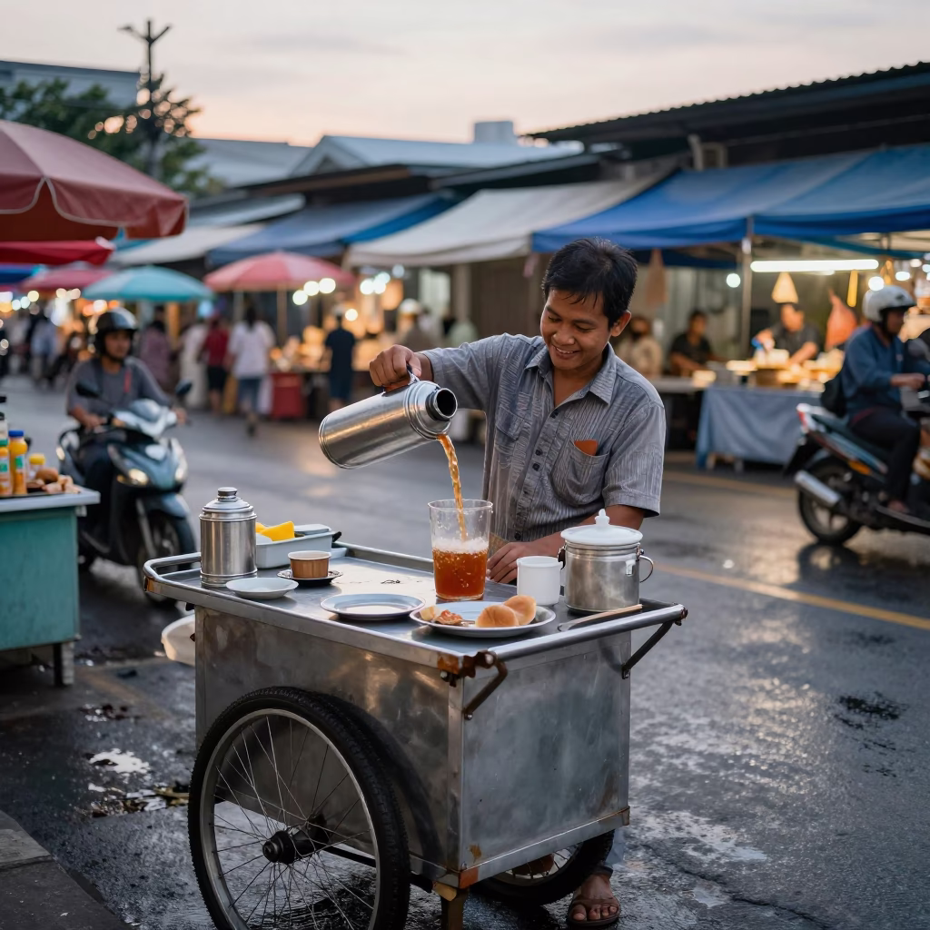 Thai Vendor Serving Morning Tea at Dawn in Phuket Market in in Phuket, Thailand