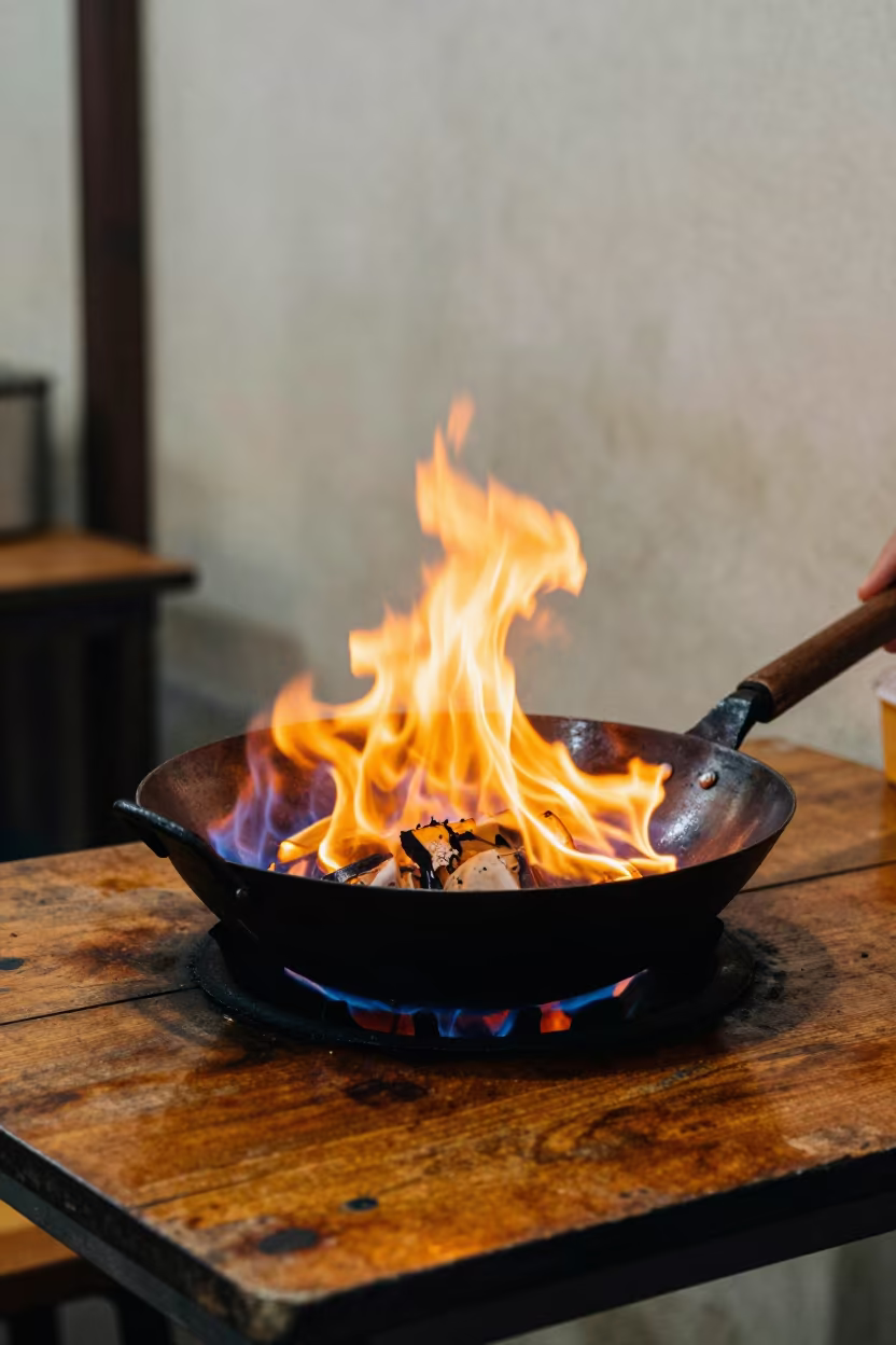 Thai Wok Flames on Weathered Table in Wualai in on a weathered outdoor table in Wualai, Chiang Mai