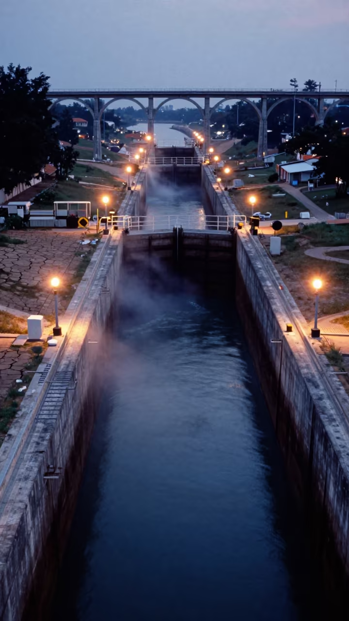 Thailand Canal Lock Aqueduct at Dusk in at a canal lock chamber in Thailand