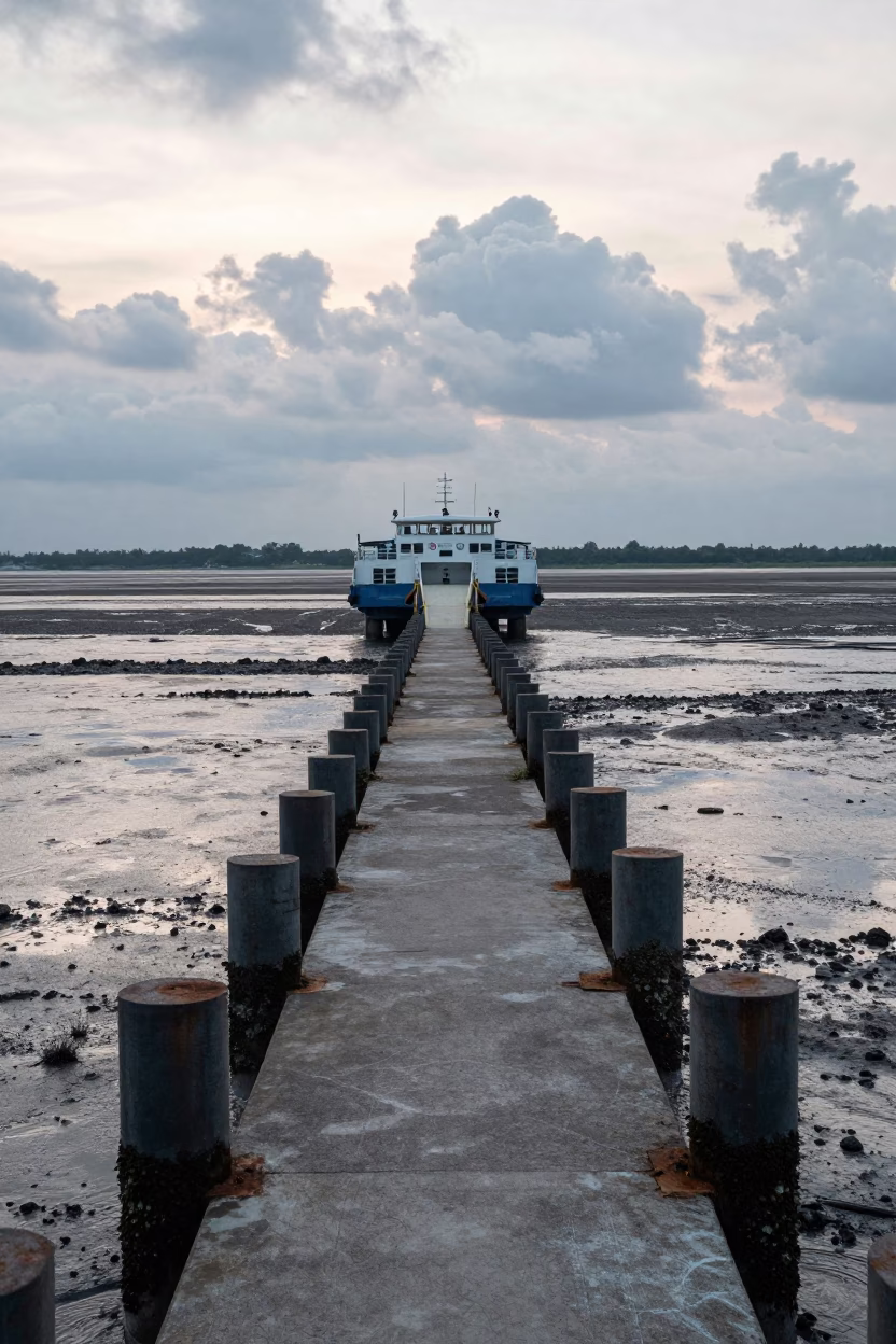 Thailand Dam Spillway Ferry Ramp Low Tide in along a dam spillway in Thailand