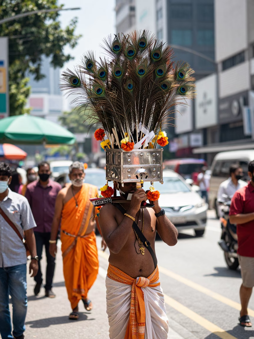 Thaipusam Devotee Carrying Kavadi Under Noon Sun in Kuala Lumpur Malaysia in in Kuala Lumpur, Malaysia
