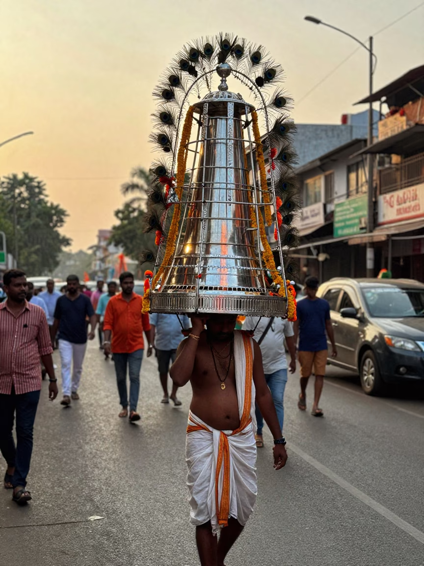 Thaipusam Devotee Carrying Kavadi Walking Through Mumbai Sunset Street in in Mumbai, India