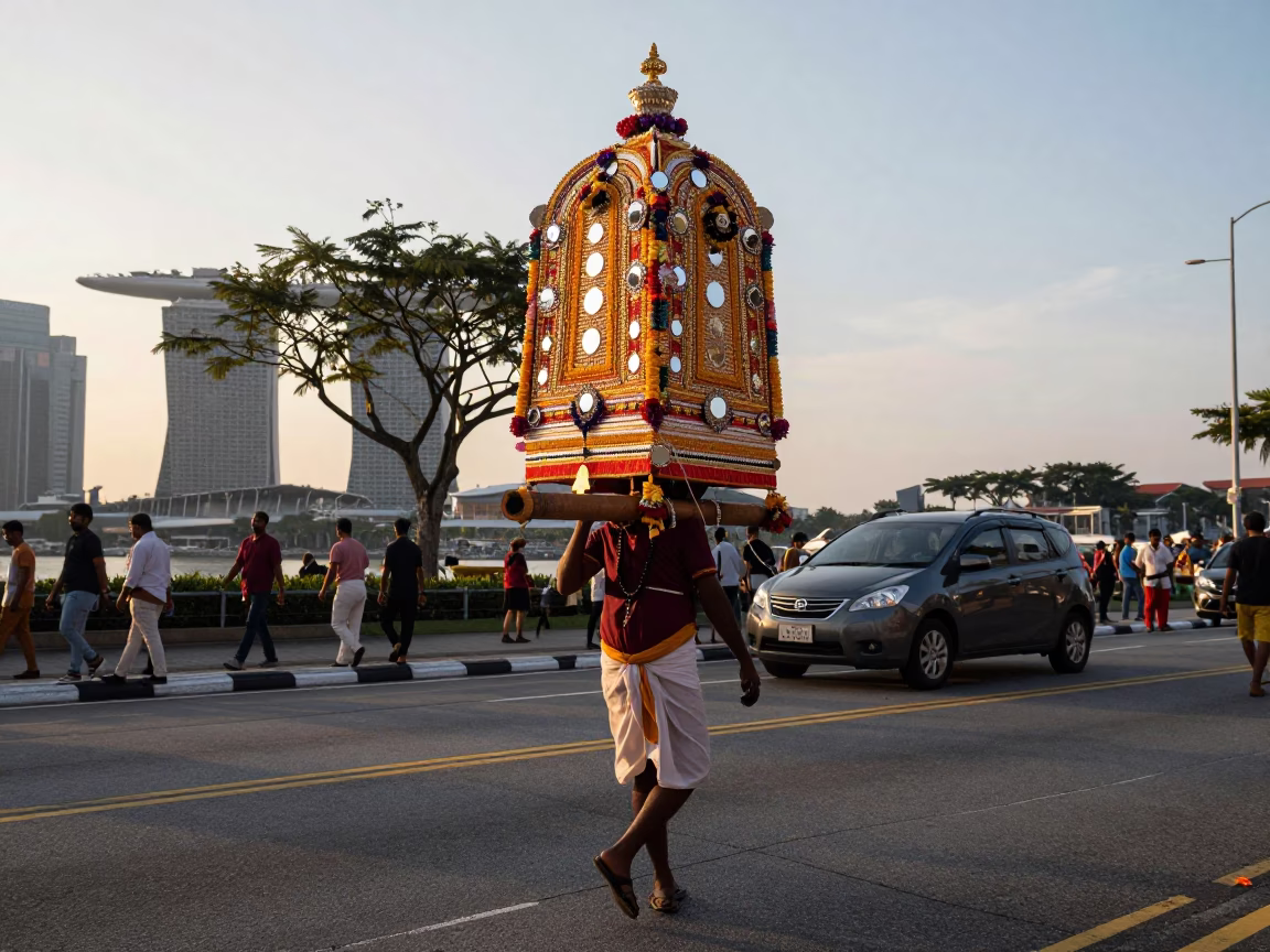 Thaipusam Devotee Carrying Ornate Kavadi at Nautical Dawn in Singapore Street Scene in in Singapore, Singapore