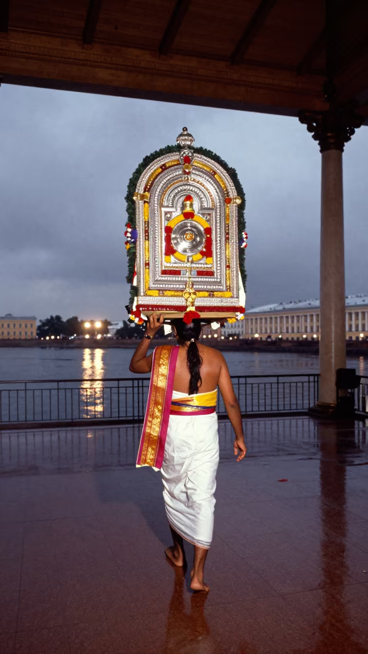 Thaipusam Devotee Kavadi Hall Evening in in a ceremonial hall in St Petersburg