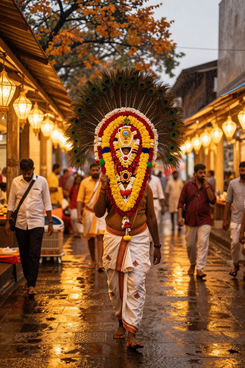 Thaipusam Devotee Carries Kavadi in Lantern-Lined Shrine in in a shrine lined with lanterns in Shah Faisal Town