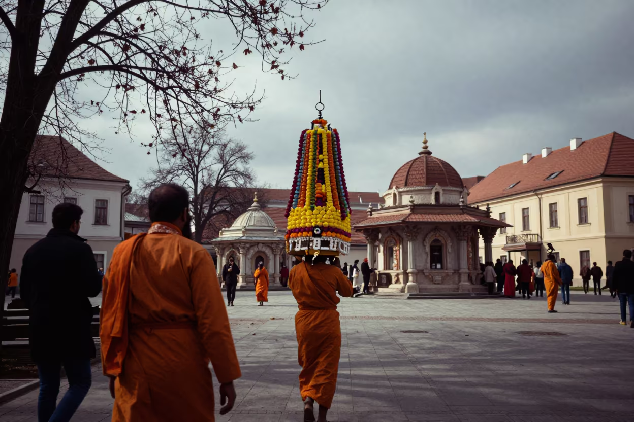 Thaipusam Kavadi Devotee in Bratislava Temple Courtyard in in a temple courtyard in Bratislava