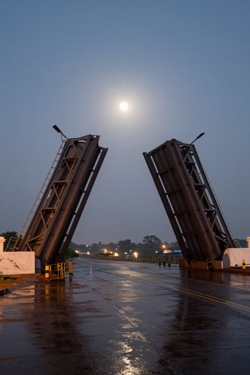 Thanjavur Bridge Bascule Span Moonlit Evening in along a bridge maintenance walkway near Thanjavur