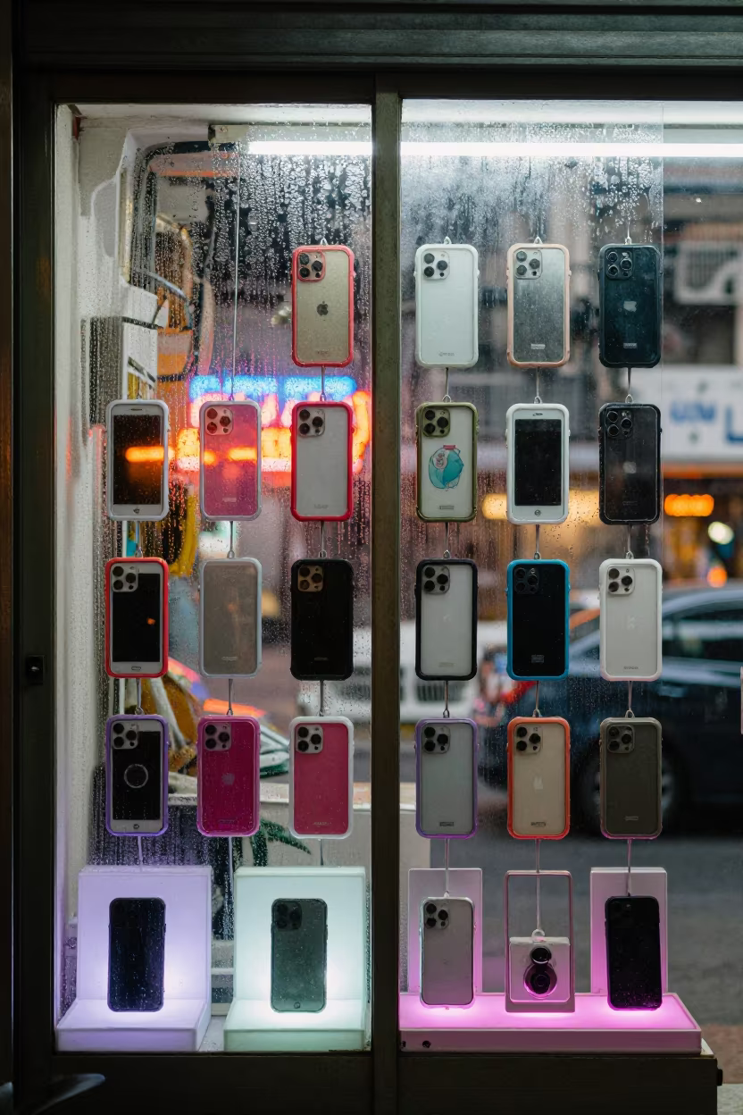 Thao Dien Phone Store Accessory Wall Night in inside a storefront prepared for opening in Thao Dien, Ho Chi Minh City