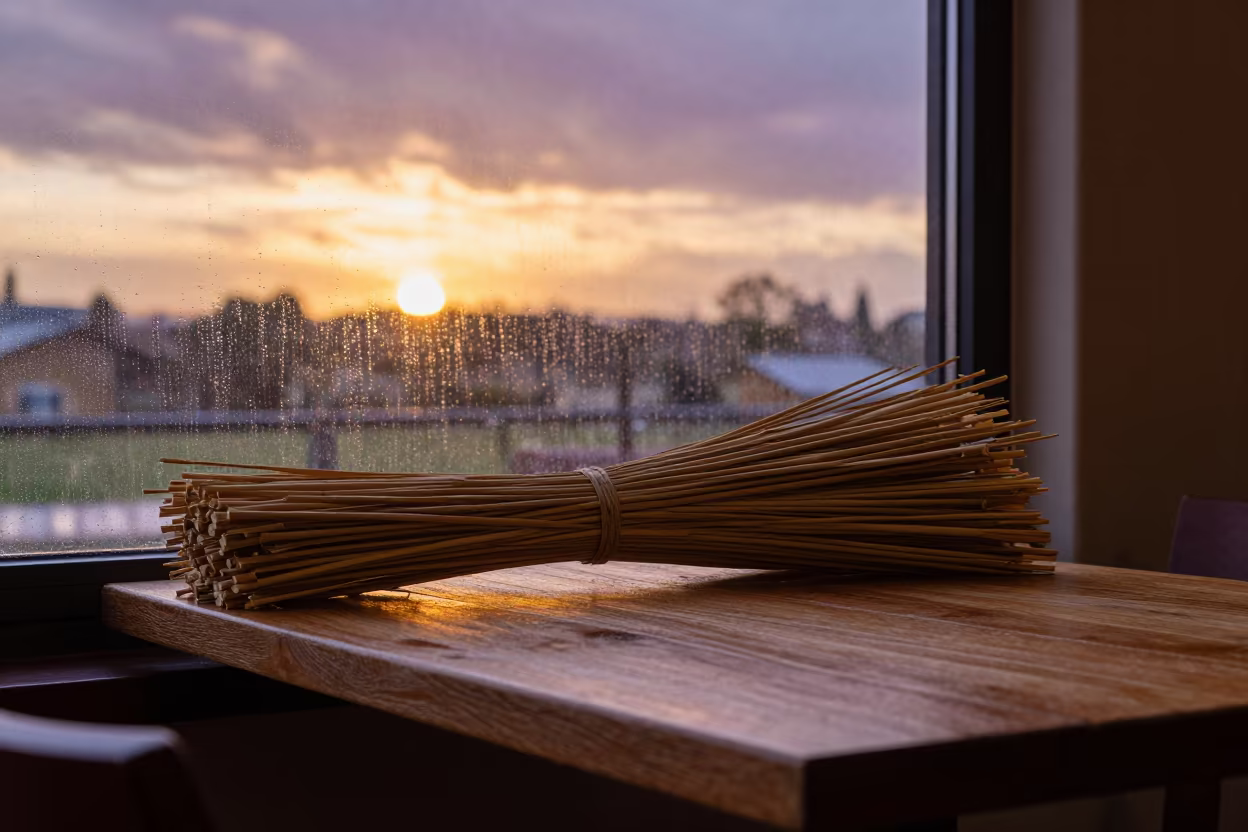 Thatch Bundles on Cafe Table Vitarte in on a cafe table by a window in Vitarte