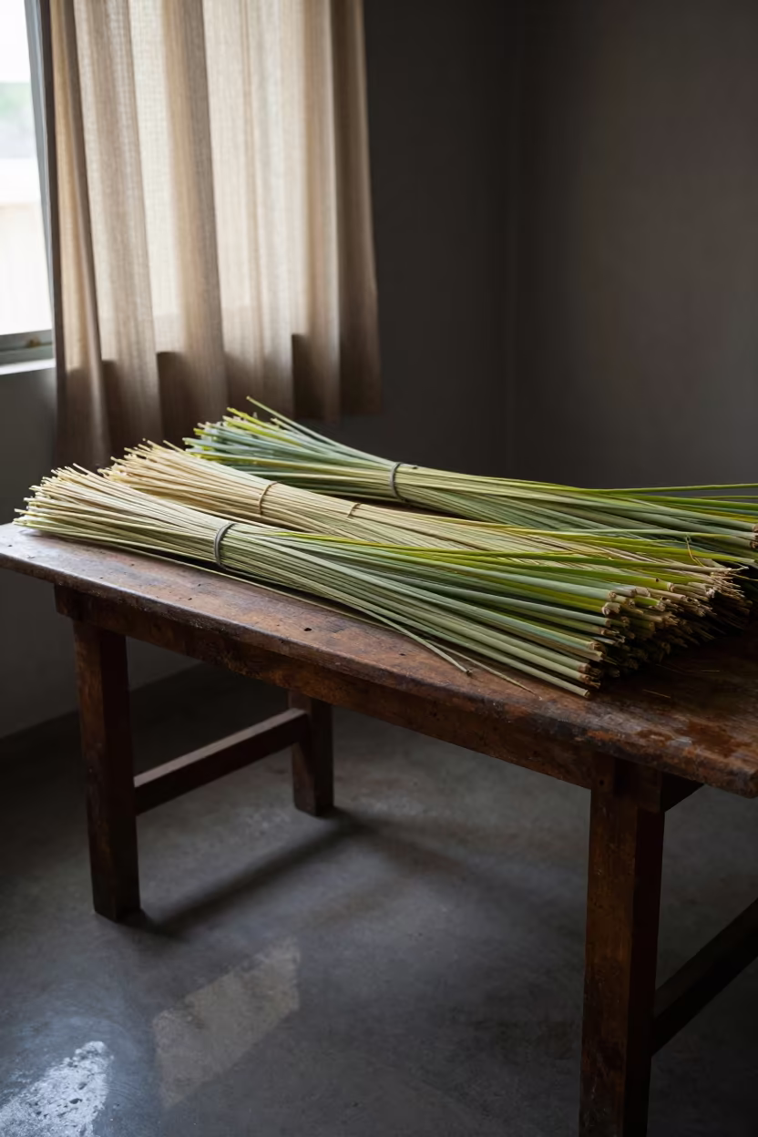 Thatch Bundling on Delhi Workbench in on a wooden workbench in Delhi