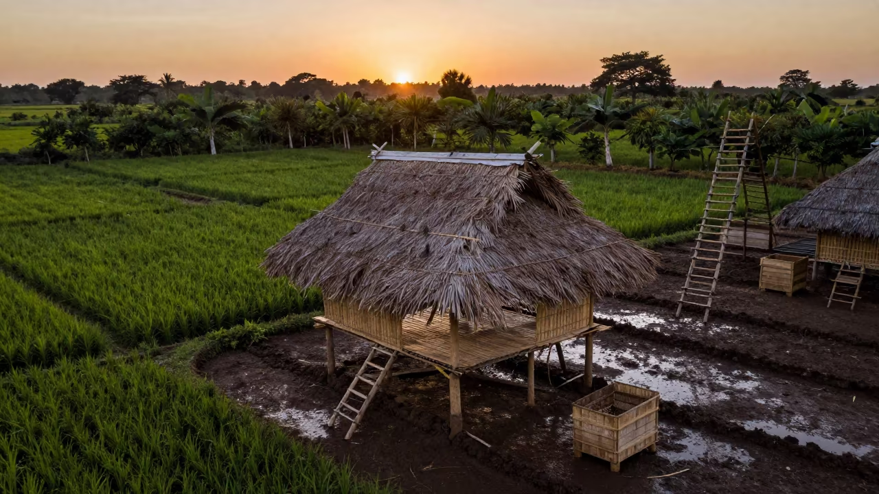 Thatch Pavilion Over Rice Paddy at Dusk in among orchard ladders and crates in Madagascar