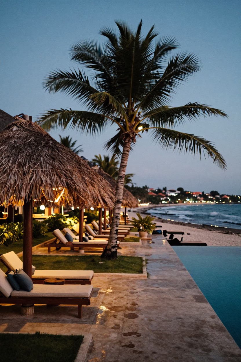 Thatched Cabanas Under Wind-Bent Palms at Blue Hour in on a resort pool deck near Denpasar