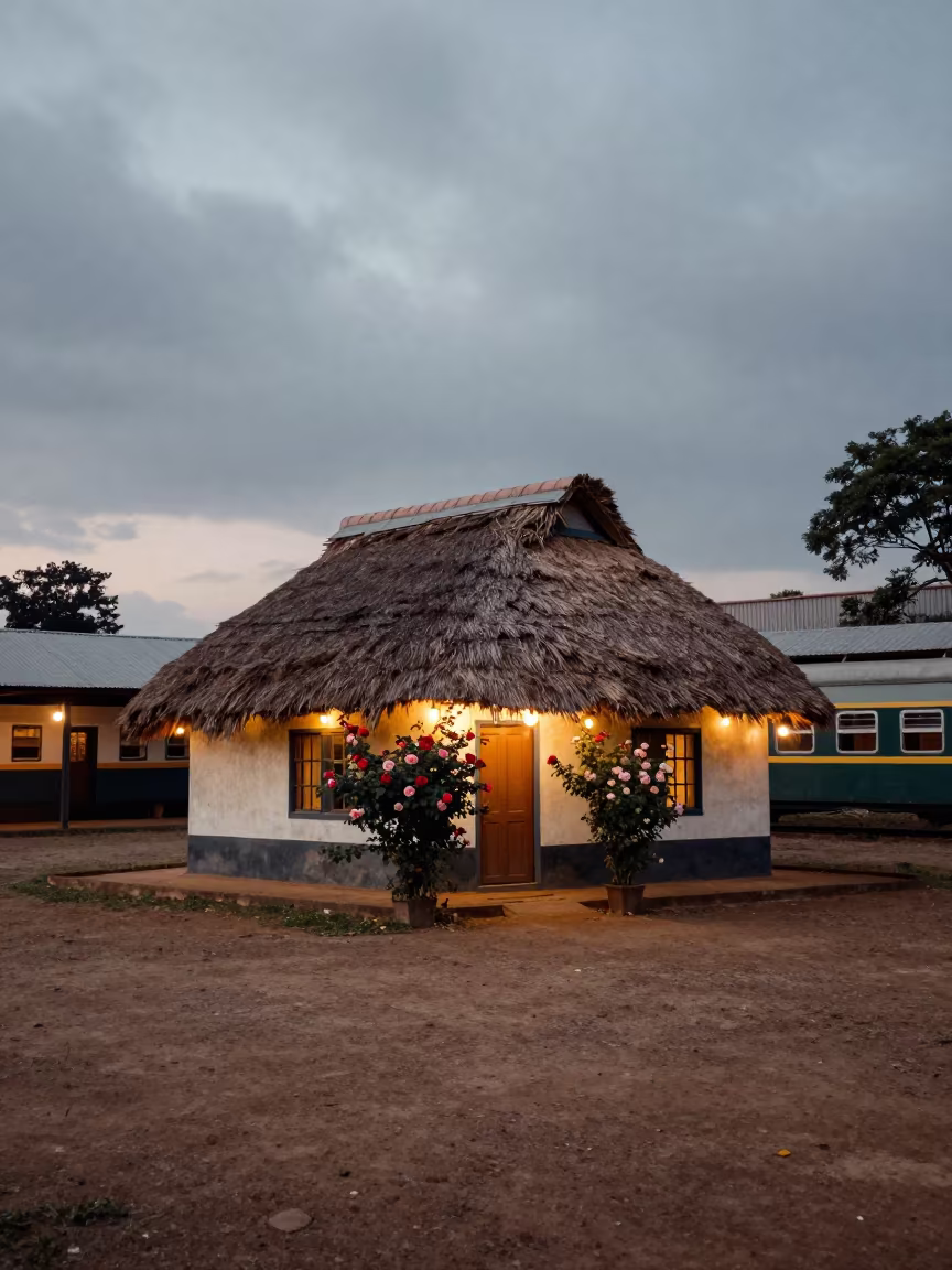 Thatched Cottage Roses Blue Hour Train Terminal in inside a restored train terminal near Kenema