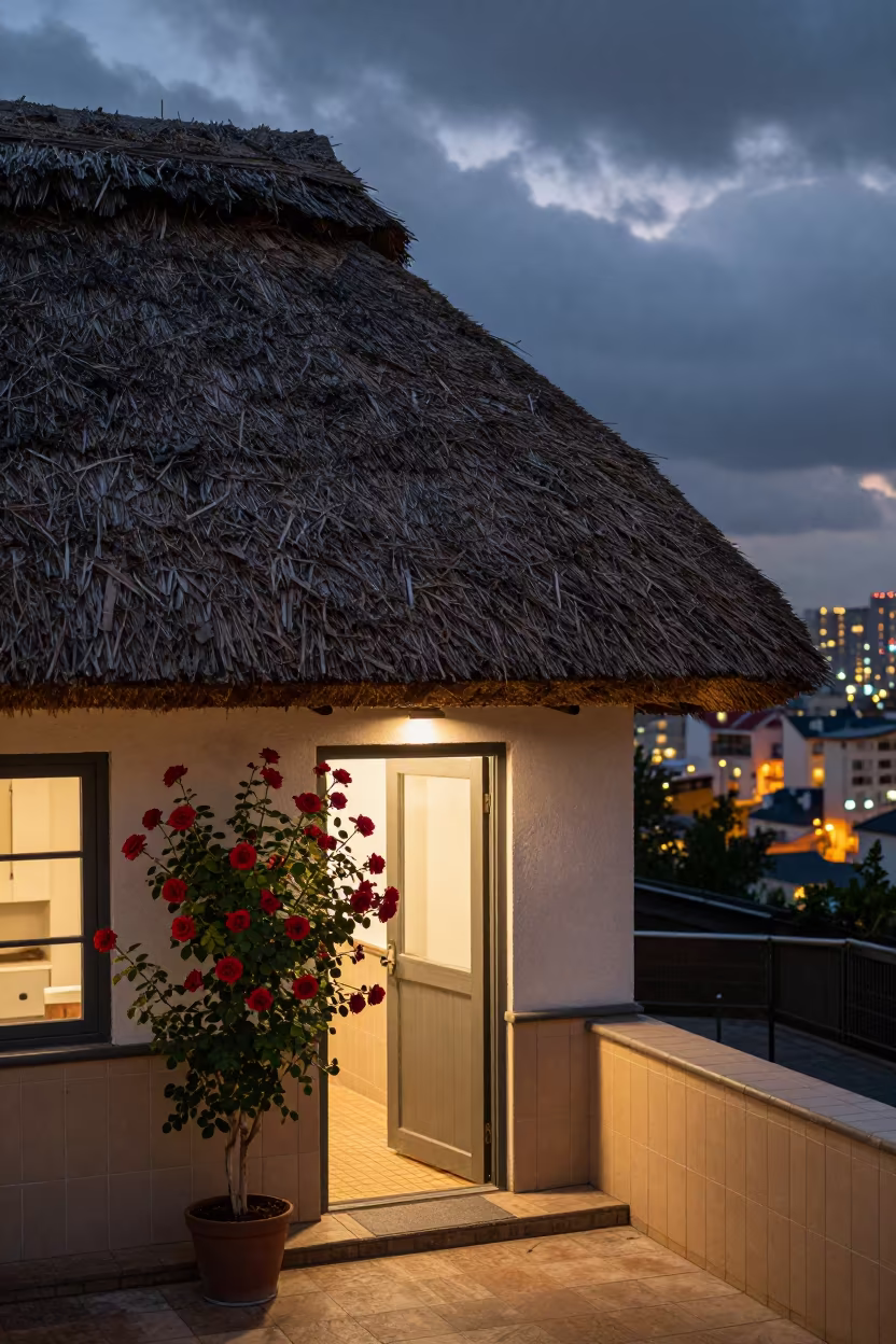 Thatched Cottage Roses City Lights Dusk in inside a tiled stair hall near Kramatorsk