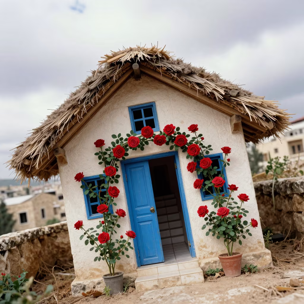 Thatched Cottage With Roses Tilted Stair Hall Irbid in inside a tiled stair hall in Irbid