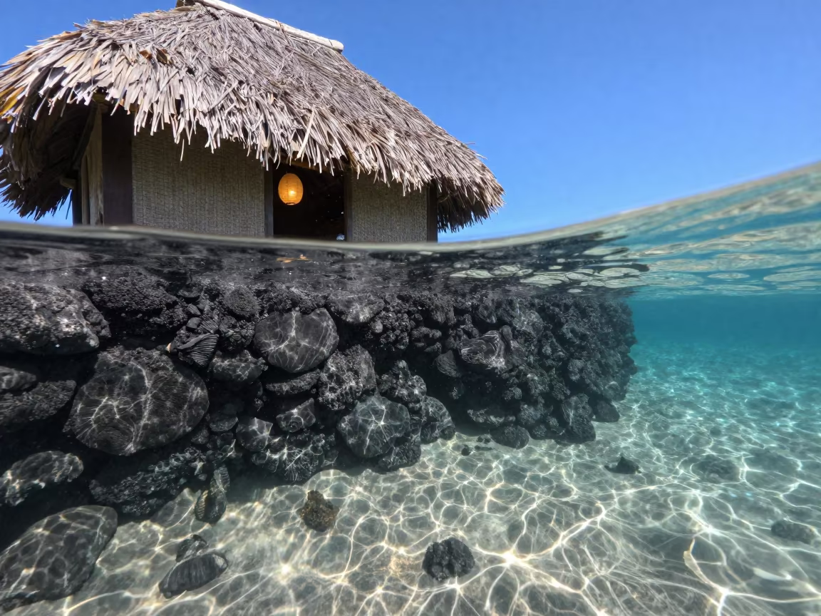 Thatched Hut Lantern on Hawaiian Underwater Drop-Off in beside a volcanic drop-off in Hawaii