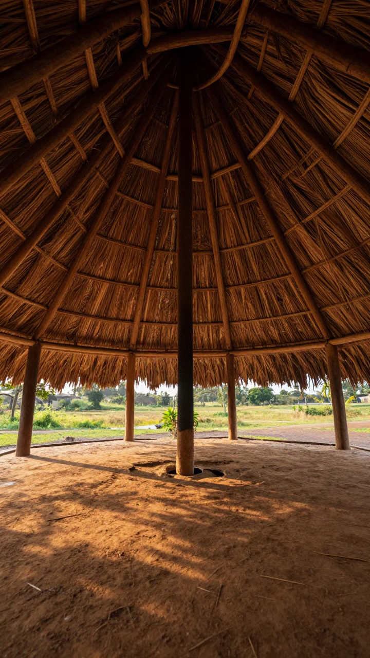 Thatched Longhouse Atrium Evening Light in inside a vaulted atrium near Singida