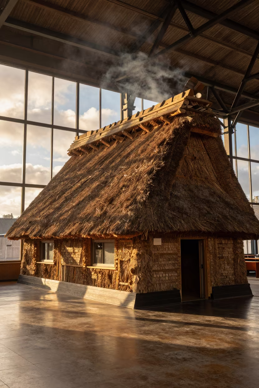 Thatched Longhouse Inside Train Terminal in inside a restored train terminal near Salvador
