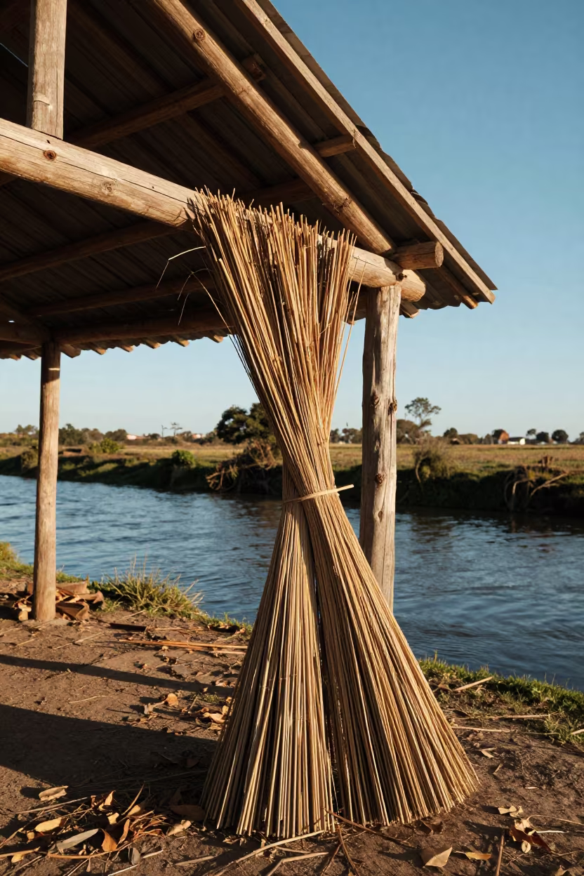 Thatcher Binding Reed Bundles on Canal Cottage Roof in beside a canal in Chimbote
