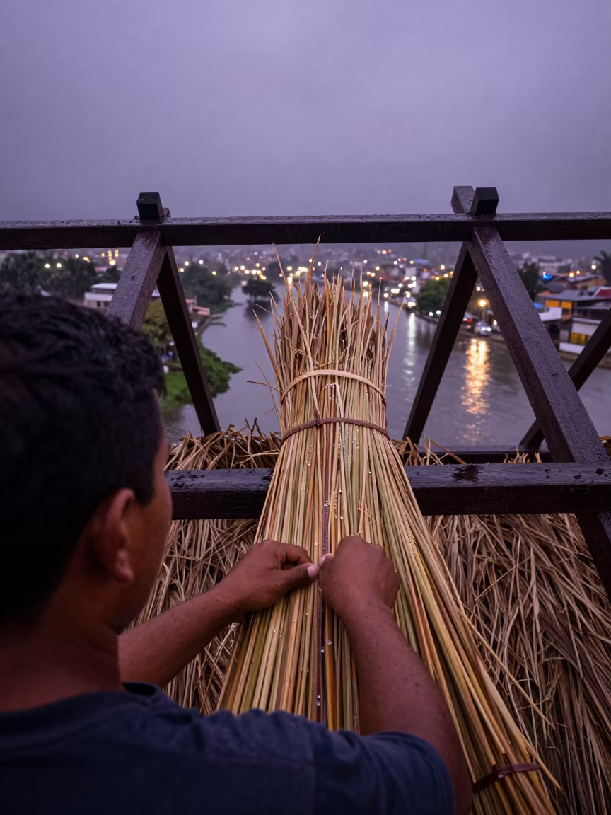 Thatcher Binding Reed Bundles on Cottage Roof in in Libertad