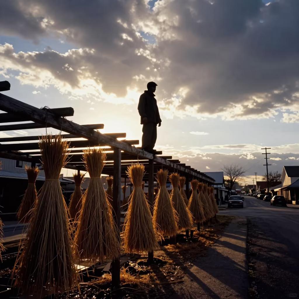 Thatcher Binding Reeds on Cottage Roof Silhouette in along a market lane in Salt Lake City