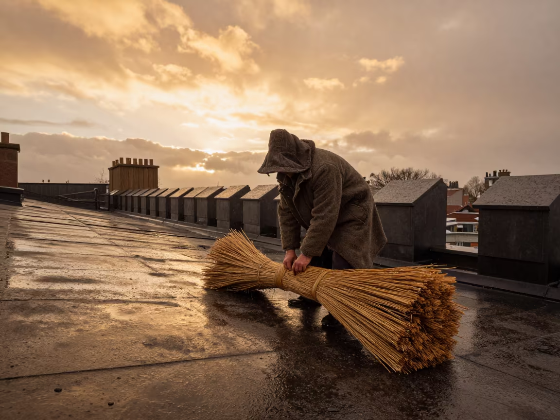 Thatcher Bundles Reed Amid Tiny Shoebox Buildings in near Glasgow
