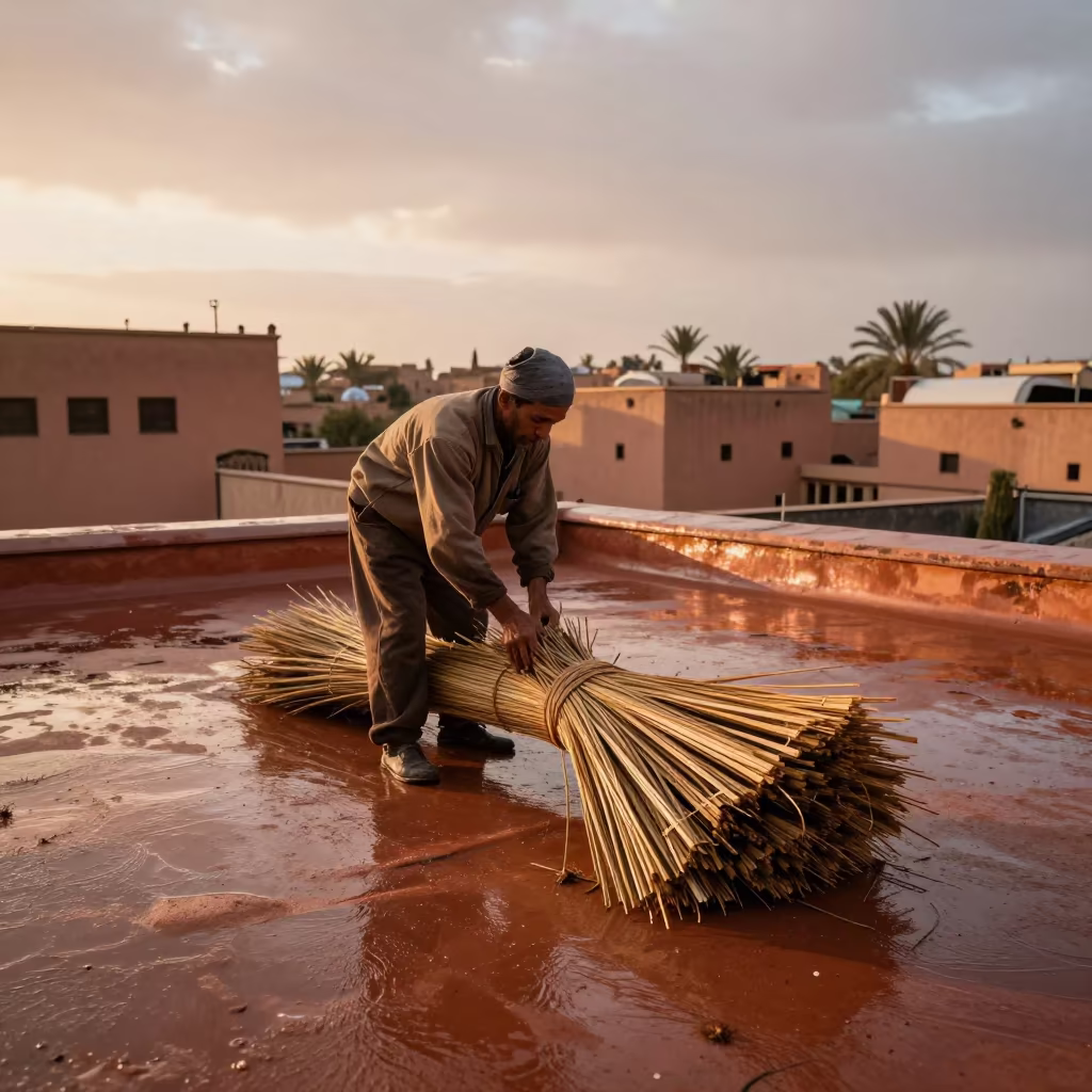 Thatcher Bundling Reed on Marrakech Rooftop in in Marrakech