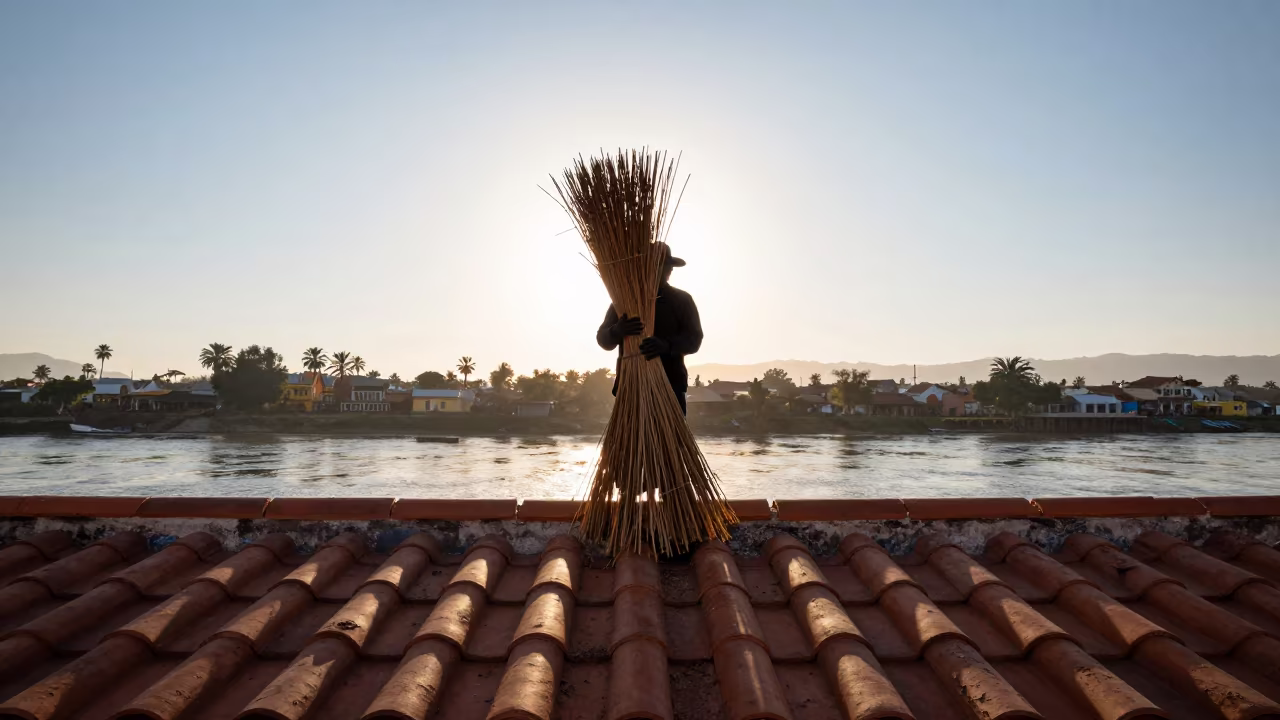 Thatcher Bundling Reed on Rooftop at Sunset in near a riverside landing in San Francisco de Campeche