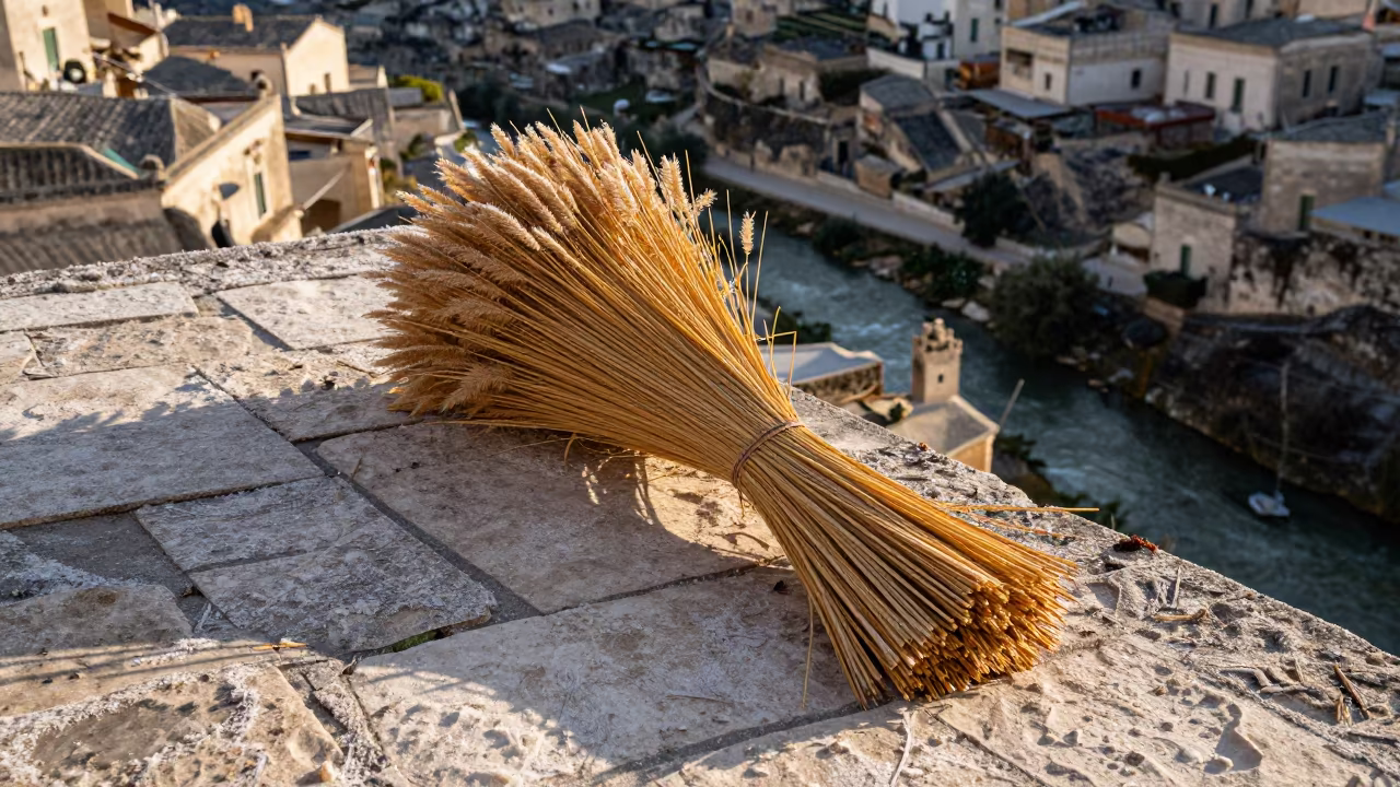 Thatcher Bundling Reeds on Rooftop at Matera in near a riverside landing in Matera