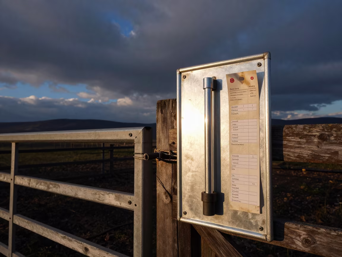 Thermometer Board in Bulgarian Winter Twilight in beside a pasture gate in Bulgaria